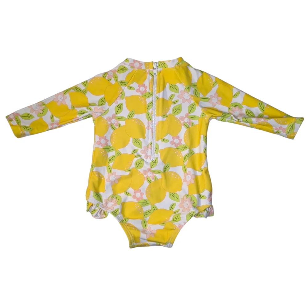 Girls Swimsuit One Piece Long Sleeve Kids Rash Guard White Yellow Lemon Baby 6m